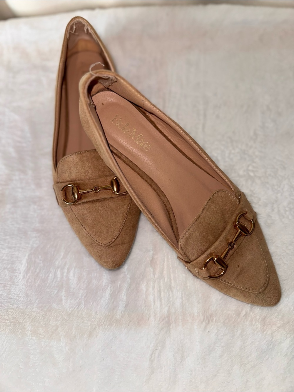 Suede Pointed Toe Loafers with Horsebit - Tan